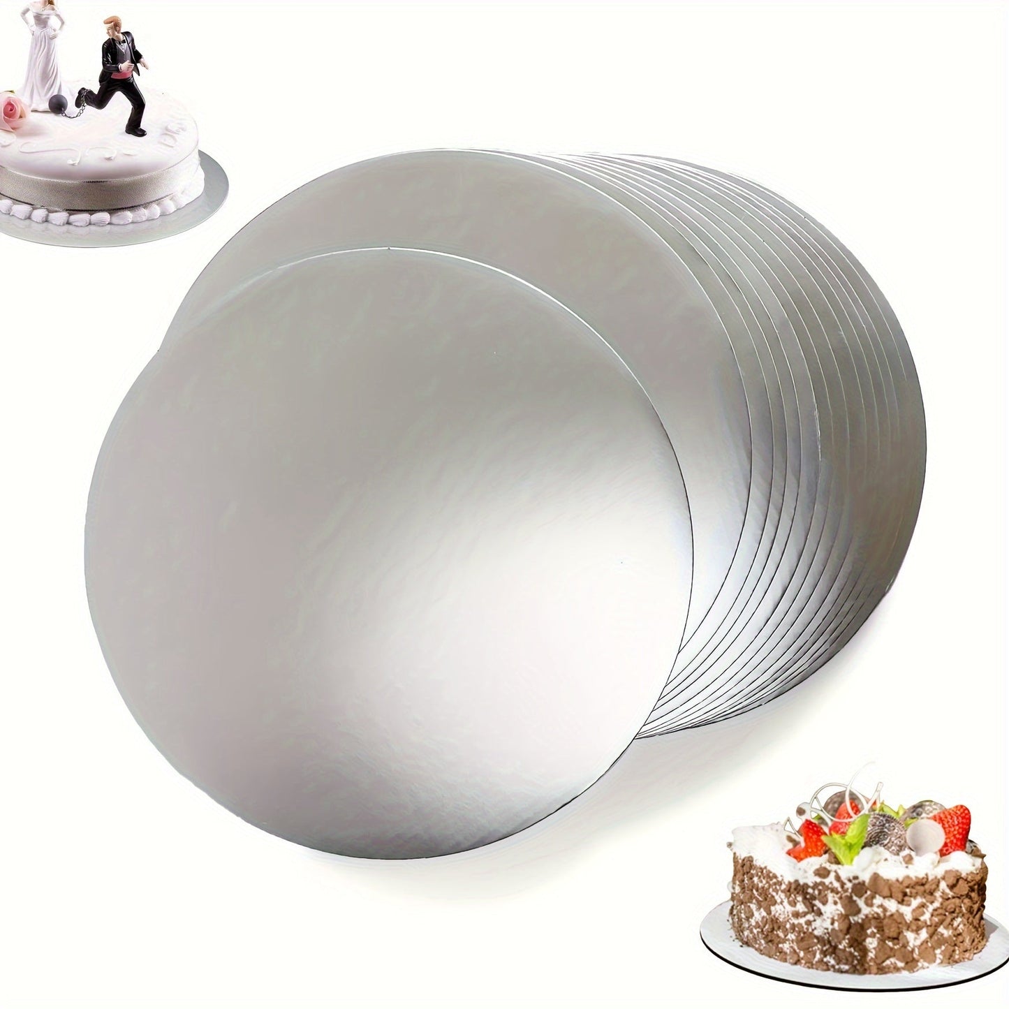 10 pieces of round silvery cake boards, perfect for use as disposable bases for cakes. These grease proof cake plates are ideal for showcasing cakes at events such as New Year parties, weddings, and birthday celebrations. They are also great for