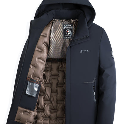 Men's winter coat with hood, long sleeves, applique, filled with polyester fiber, zipper closure, suitable for outdoor activities and daily wear.