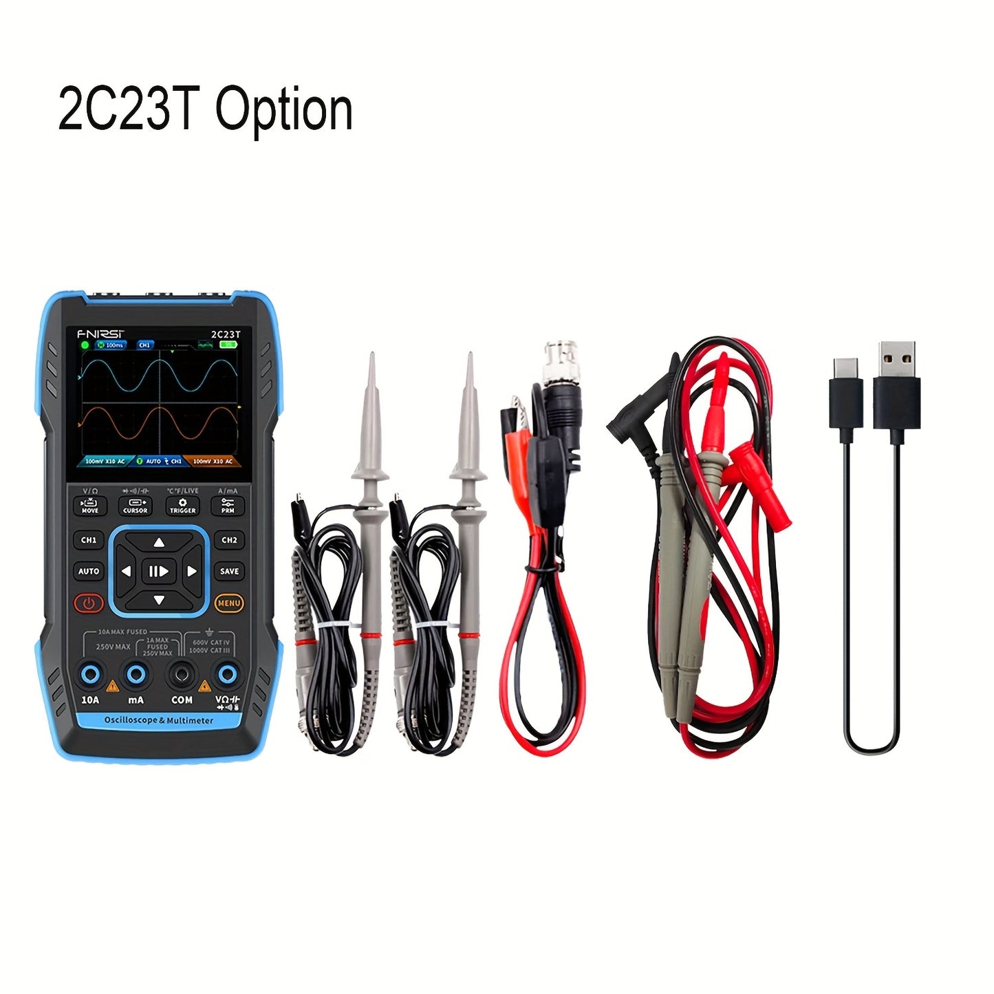 2C23T Handheld Digital Oscilloscope Multimeter with Function Signal Generator, 3In1 Dual-Track 10MHZ*2, 50Ms/S