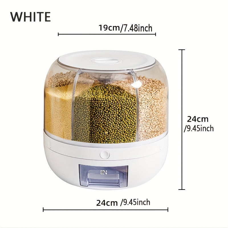 Food grade rotating cereal dispenser with insect and moisture proof features. Hand wash plastic organizer for grains with sealed compartments for rice and dry food storage.