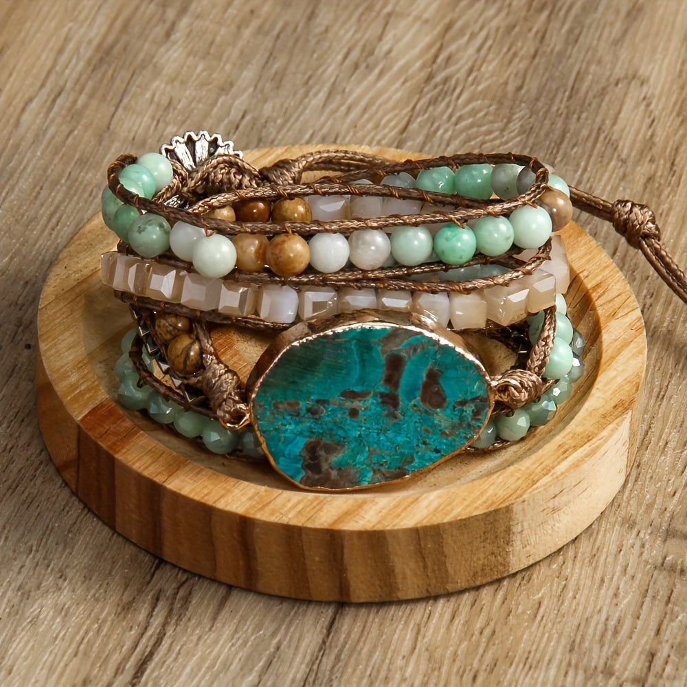 Wrap yourself in Bohemian vacation vibes with this natural stone wrap bracelet. Featuring multiple layers of beaded woven cord, this accessory is perfect for summer days and special gift occasions. Embrace the Thanksgiving holiday theme with this piece