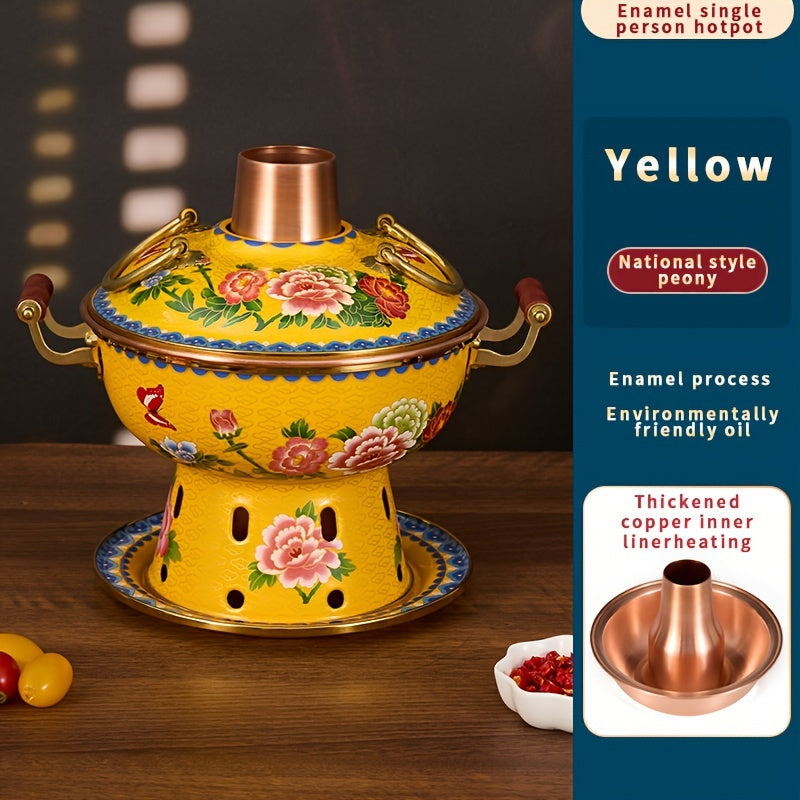 Small single serving enamel-coated copper hot pot featuring the Dudan pattern, perfect for commercial use and for use with alcohol stoves. Safe for dishwasher cleaning.