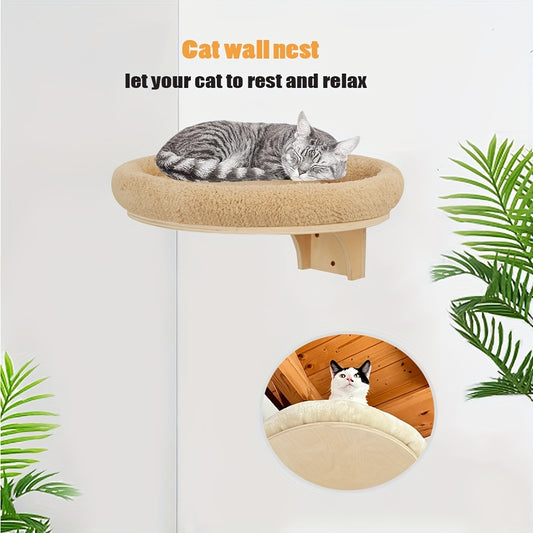 Contemporary wall-mounted cat bed made from raw wood for indoor cats.