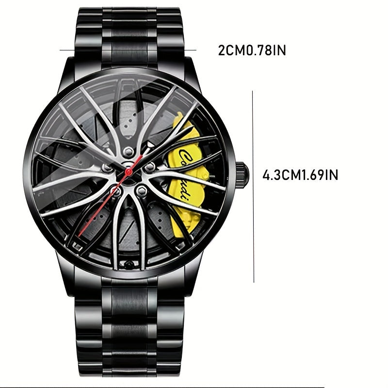 Men's Watch with Car Wheel Hub Caliper Design, Steel Band with Luminous Features, Three-dimensional Hollow Sports Wrist Watch, Perfect Gift Choice