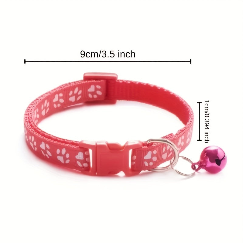 10 Cute Paw Print Adjustable Pet Collars with Bells, Nylon Cat Safety Collars