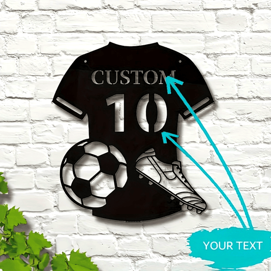 Personalize your space with a custom metal wall art featuring a soccer jersey design. Add your own name and number for a unique touch. This reusable matte black decor is perfect for any sports lover's home and makes a great gift for those who love the