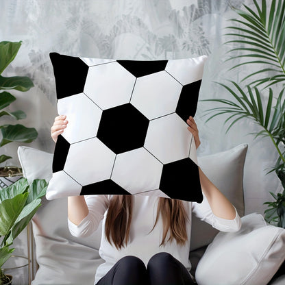 Soccer ball print pillow cover, soft polyester, 45x45cm, black & white hexagonal design, zipper closure, machine washable. Perfect for sofa, bedroom, and living room décor. Ideal for couch pillows.