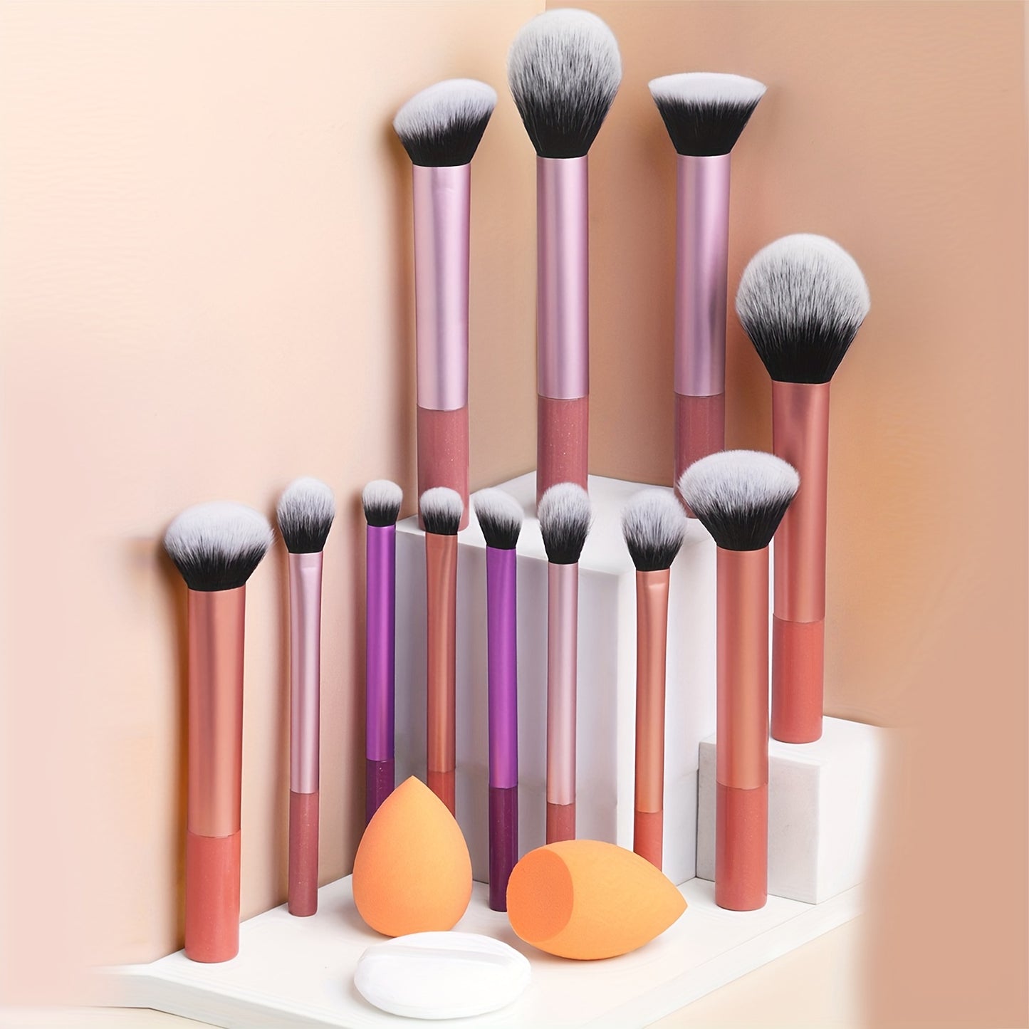 12-piece professional makeup brush set with nylon bristles, palm brushes, sponges, powder puff, ABS plastic handle, suitable for all skin types