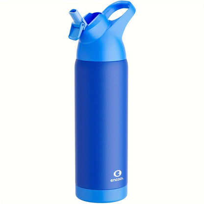 ENCOOL 24oz stainless steel water bottle with leak-proof Tritan lid, straw, and carry loop. Double wall insulated, PVC-free, round shape. Ideal for sports and travel. Hand wash only.