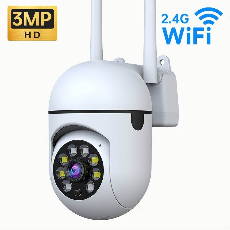 One piece of a 3MP HD Wireless Surveillance Camera with 2.4G WiFi connectivity for indoor security. Features include Pan/Tilt 360° view, Color Night Vision, Two-Way Audio, SD Card Slot, USB Powered, and 1440p resolution.