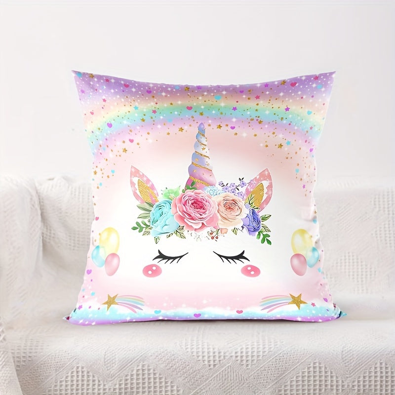 Add a touch of whimsy to your living space with this whimsical unicorn polyester throw pillow cover. Perfect for contemporary style homes, this machine washable cover features a zipper closure for easy removal. The decorative cushion case is suitable for