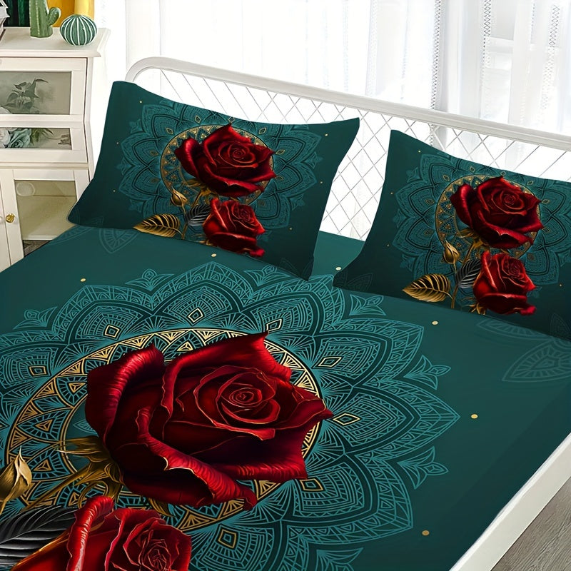 Bedding set featuring an elegant rose floral print - vibrant red roses with golden accents. Made with breathable polyester for all-season comfort. Set includes 1 deep pocket fitted sheet and 2 pillowcases. Machine washable for easy care.