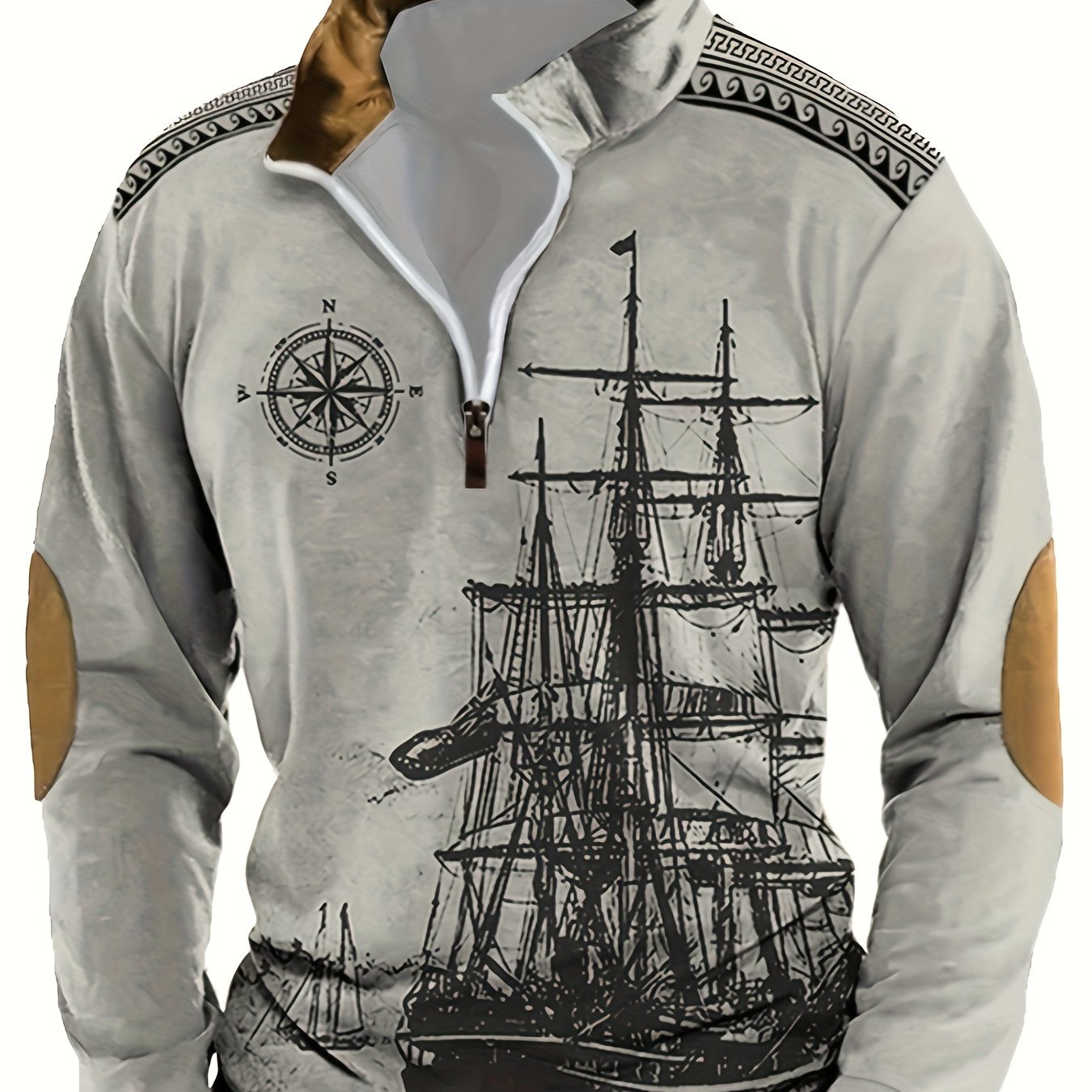 Men's vintage nautical ship print Henley sweatshirt made of 100% polyester with lapel collar, zipper detail, and loose fit. Great for fall/winter casual wear.