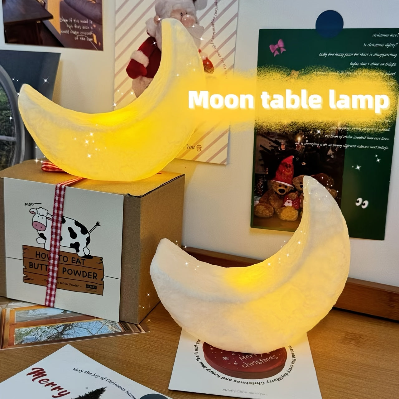 Portable Nordic-style LED moon-shaped lamp perfect for the bedroom, powered by batteries and ideal as a holiday decoration or gift.