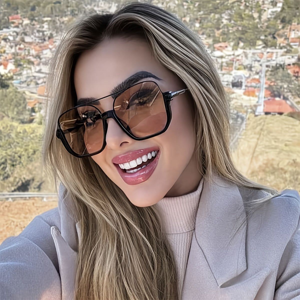 1 piece of GENUIN MOMENT women's fashion square glasses with metal frame and anti-reflective PC lens. Features large double bridge, perfect for daily gatherings, college parties, and events.