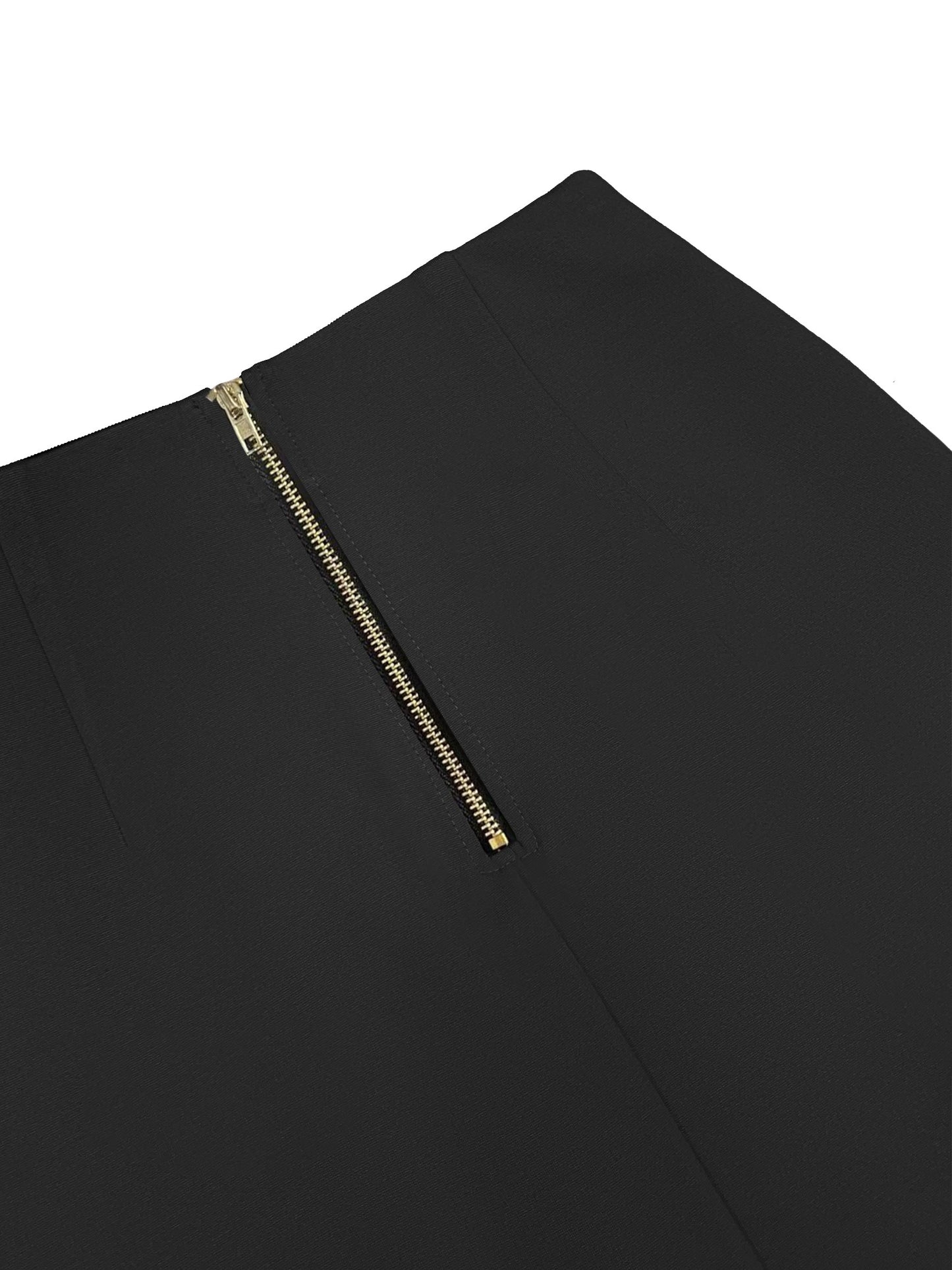 Stylish black midi skirt for women with a chic slim silhouette, high-waisted design, and side slit, made with a stretchy rayon blend ideal for spring/summer fashion.