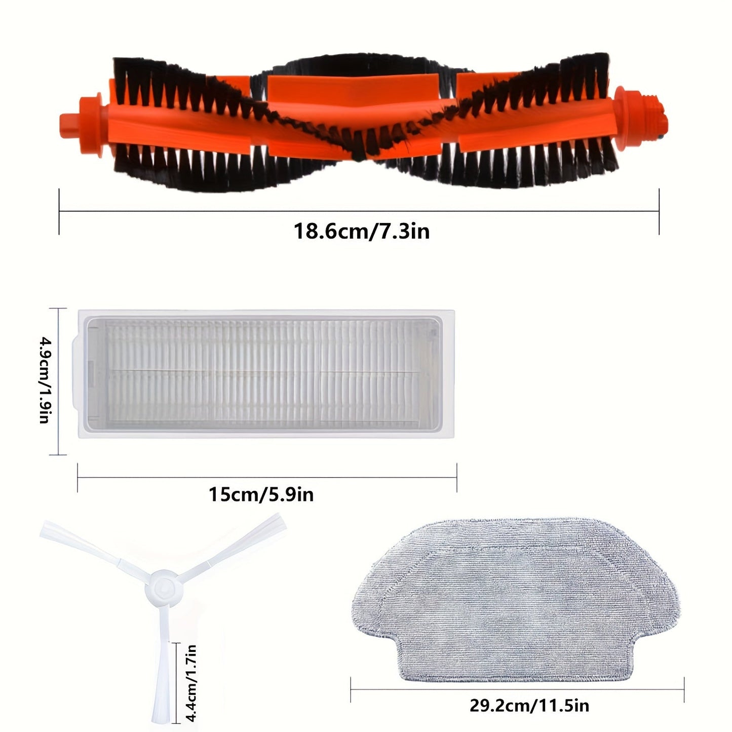 Accessory kit for Xiaomi S10/S12 B106GL robot vacuum includes 7 pieces: main side brush, 2 filters, and 2 mop pads. Constructed with durable acrylic, plastic, and fabric materials.