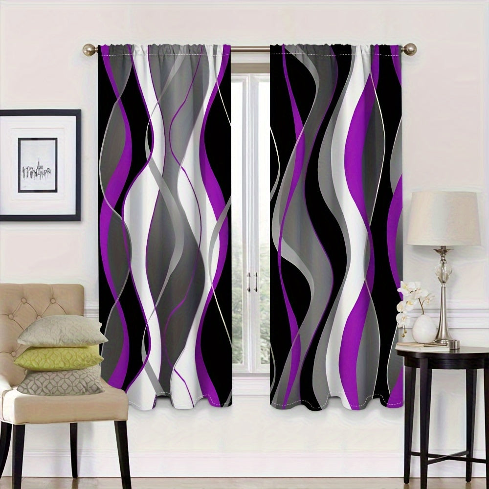 A modern abstract geometric curtain set, featuring 2 pieces in black and white. These semi-transparent privacy drapes are perfect for the living room and bedroom, and are machine washable for easy cleaning.