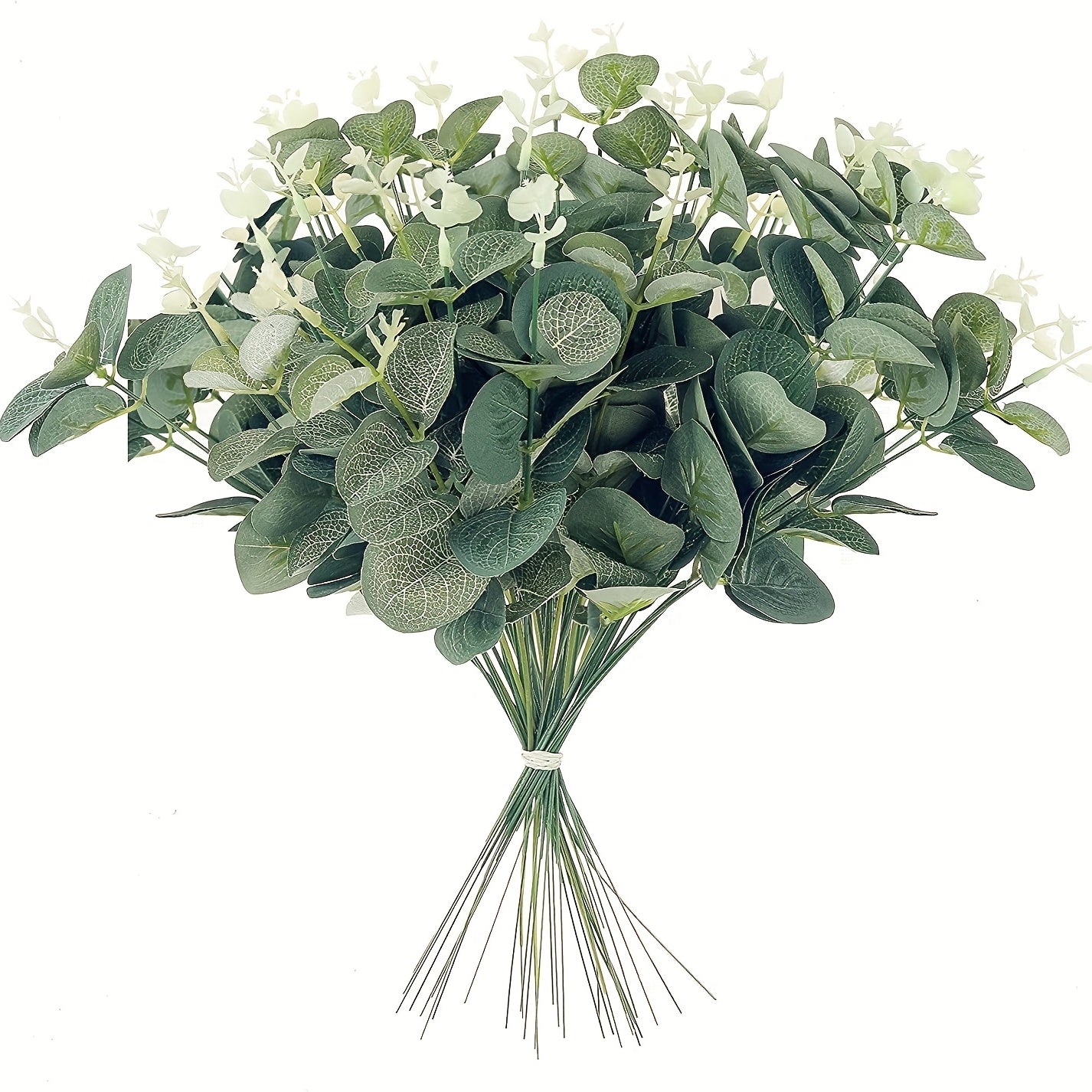 24pcs of faux eucalyptus leaves and branches for wedding bouquets, floral wreaths, rustic parties, and home decor, featuring silver dollar eucalyptus leaves.