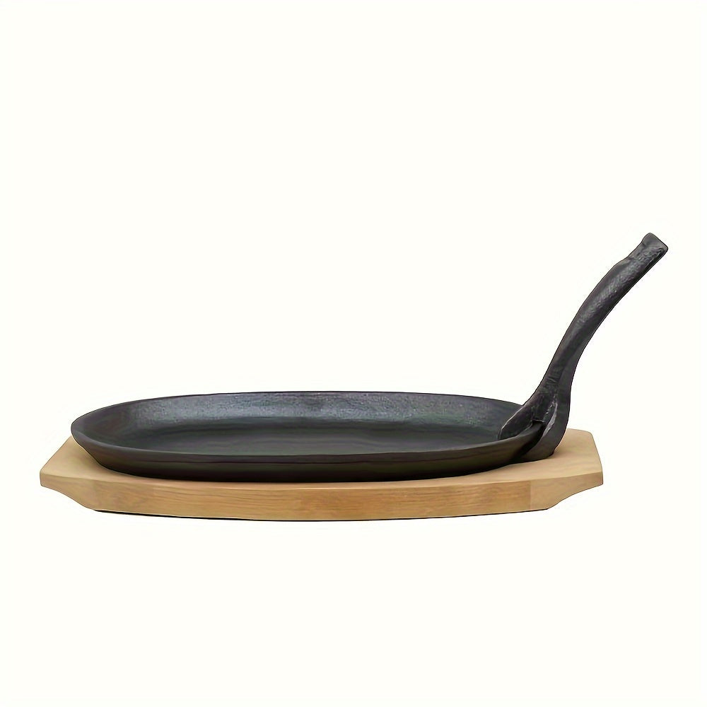 Oval Non-Stick Cast Iron Skillet Set with Wooden Base and Iron Fork for Steak, Griddle Cooking - Uncoated and Thickened for Home Use