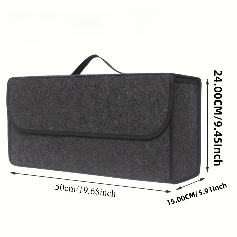 Portable foldable car organizer made of felt cloth for universal fit and interior stowing in vehicles.