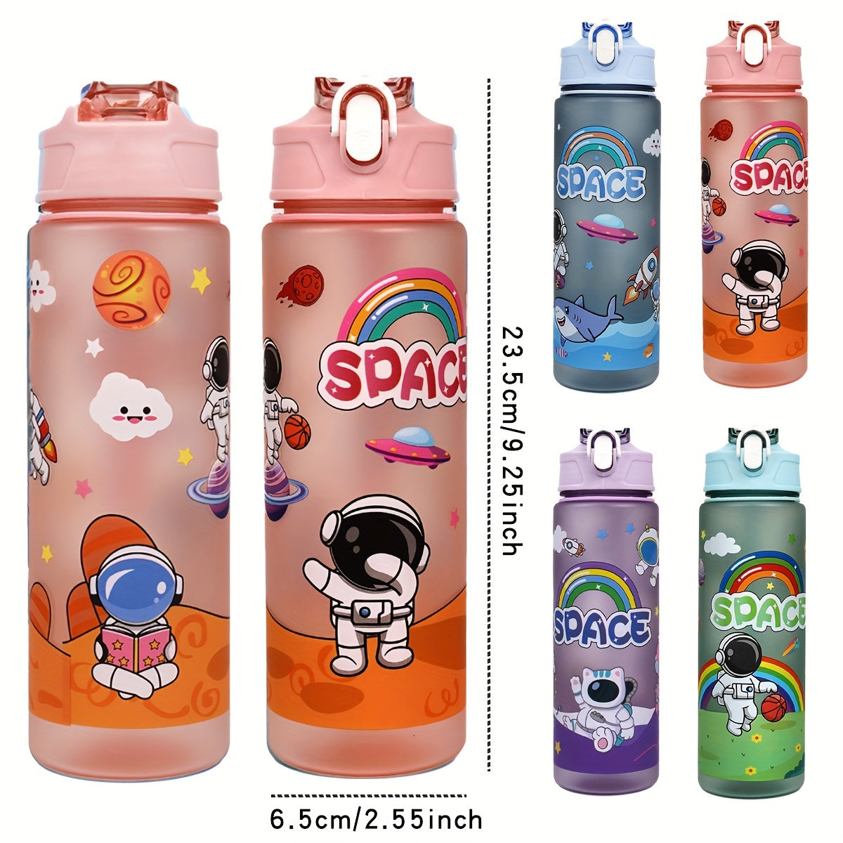 Durable 21oz astronaut water bottle with straw, BPA-free plastic. Ideal for outdoor activities and school with space-themed design.