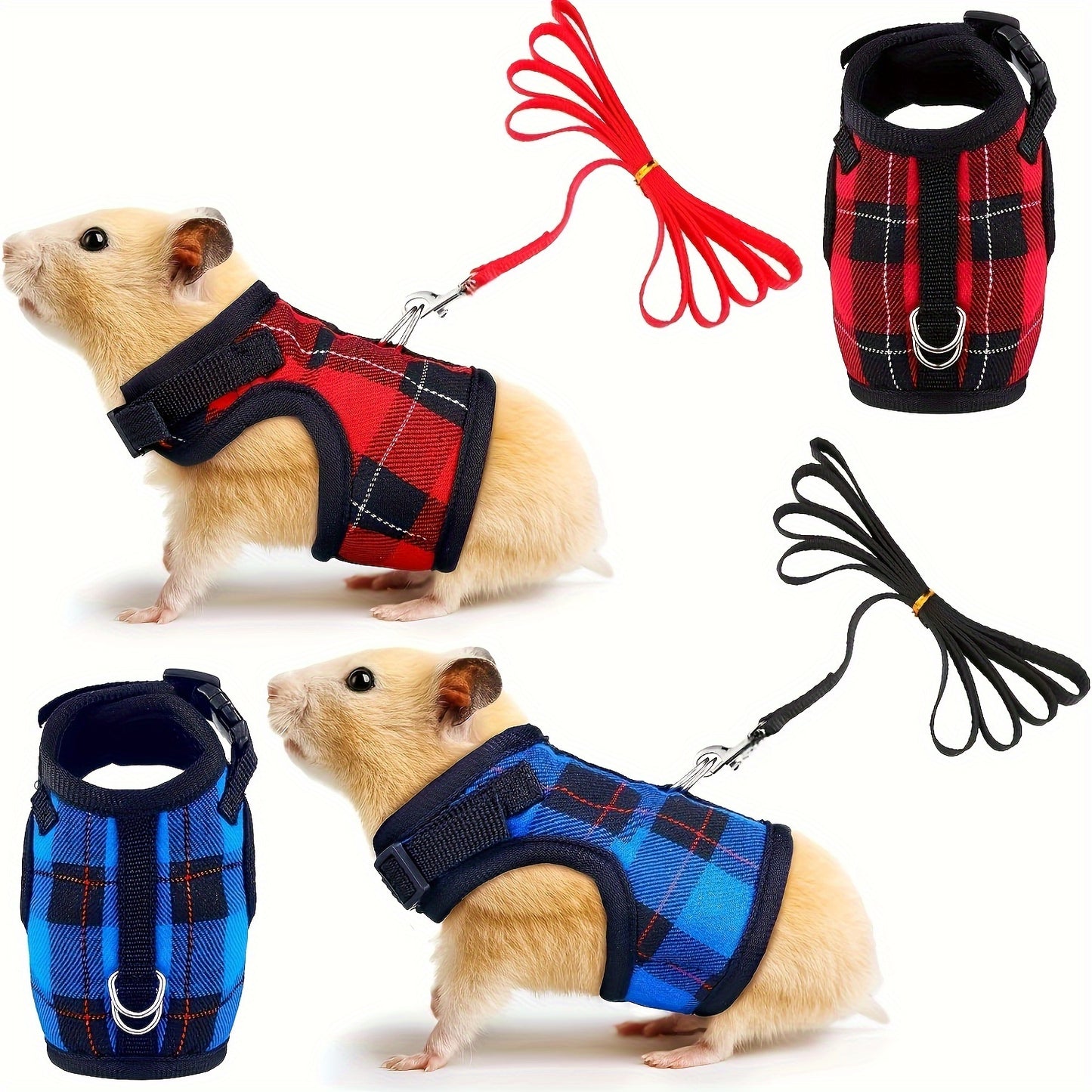 Checkered blue and red hamster harness and leash set with bell for small animals. Adjustable and breathable.