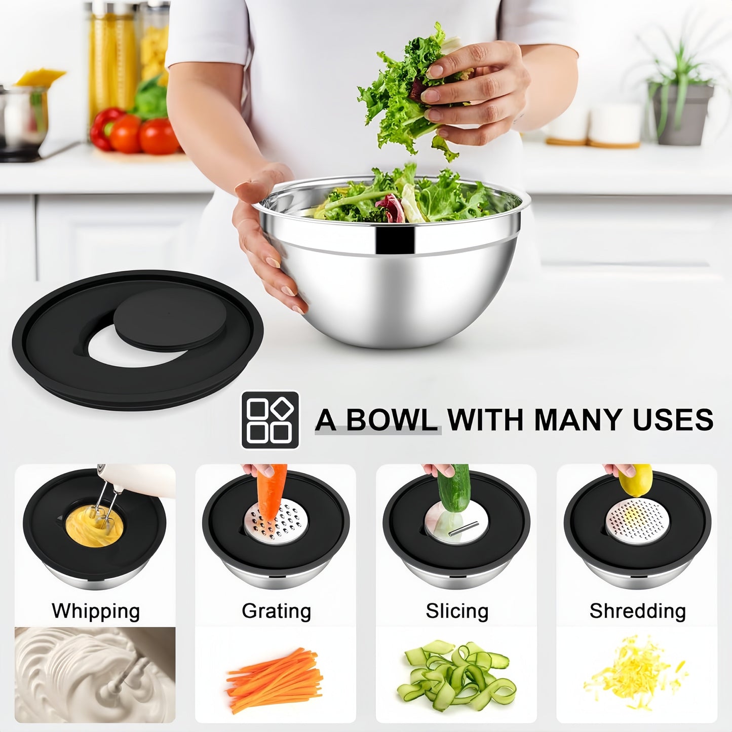 This set includes 15 stainless steel mixing bowls with black seal covers. 
The nesting style design includes 3 grater accessories and a metal nesting storage bowl to save space in your kitchen.
These versatile bowls are dishwasher safe and perfect for