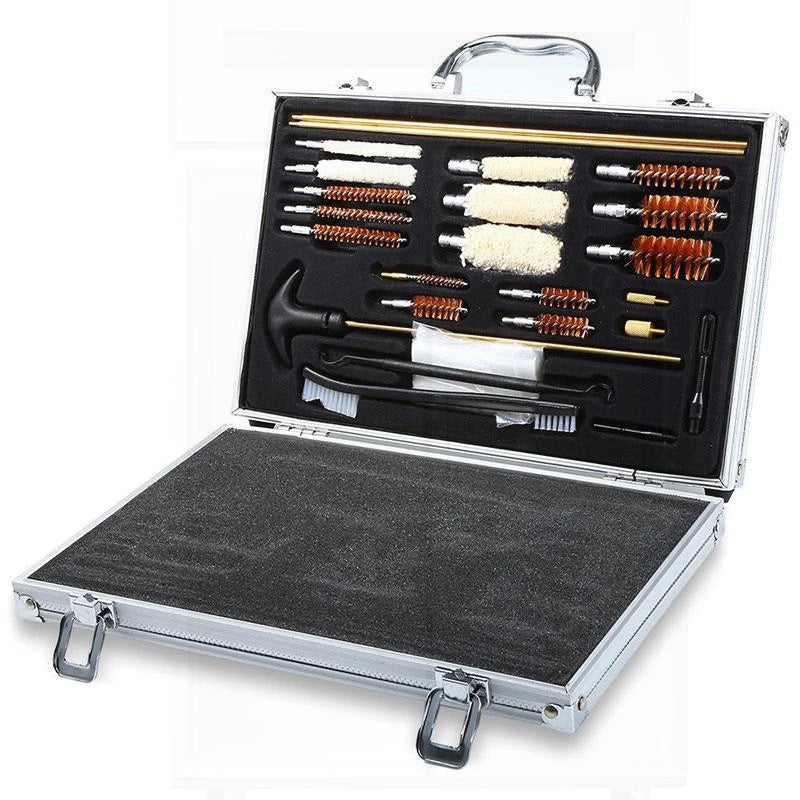 Durable plastic material gun cleaning kit with aluminum alloy case, unflagged bristle brushes, copper wire, and patches. Multipurpose set suitable for car, toilet, and kitchen cleaning.