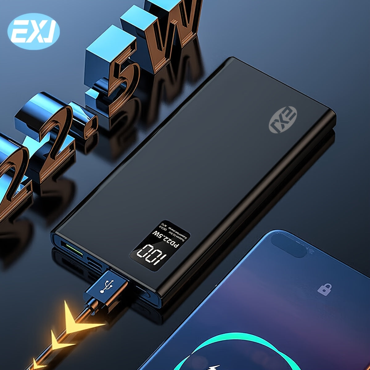 EXJ 20000mAh Портативный Power Bank с быстрой зарядкой 22.5W, 2 USB 3.0 Type C QC PD, LED дисплей, совместим с iPhone 12 Pro, Android, Samsung S24.