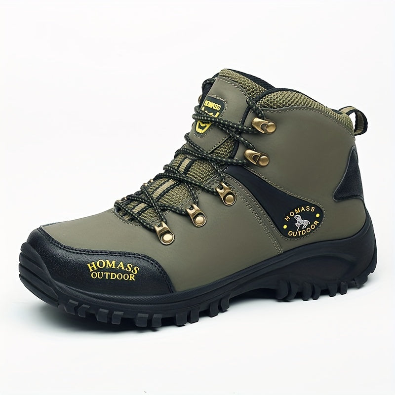 Vintage-style men's hiking boots with warm, durable, non-slip design and elastic ankle support. PU upper, rubber sole, lace-up closure. Ideal for all-season adventures.