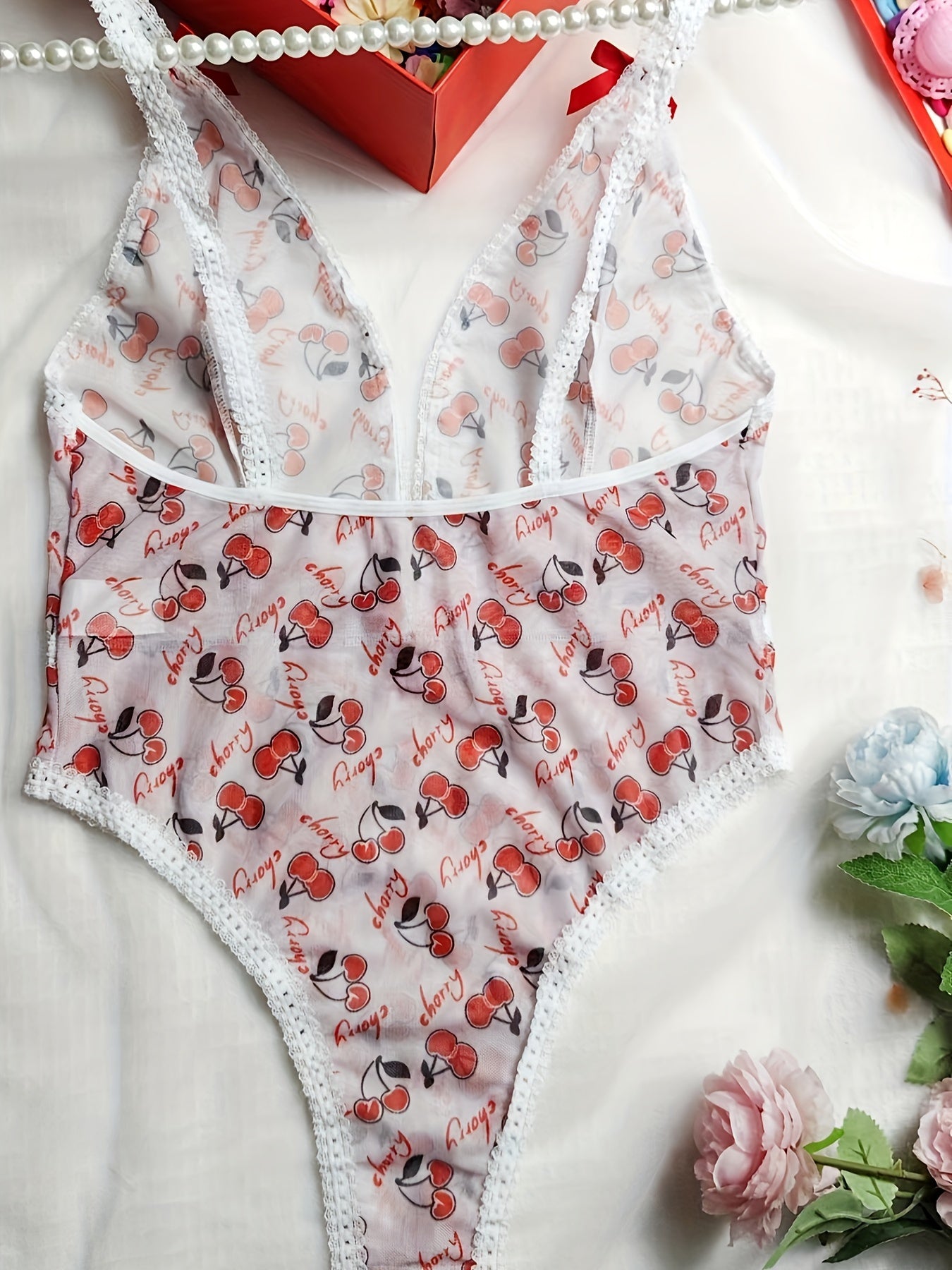 Cherry Print Deep V Body Suit