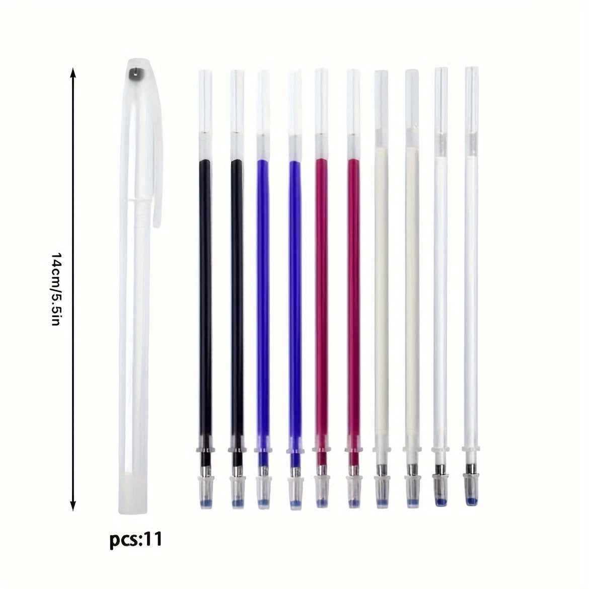 10 heat erasable fabric markers in blue, pink, green, purple, and orange. Ideal for sewing and DIY crafts. Medium point, disappearing ink pens.