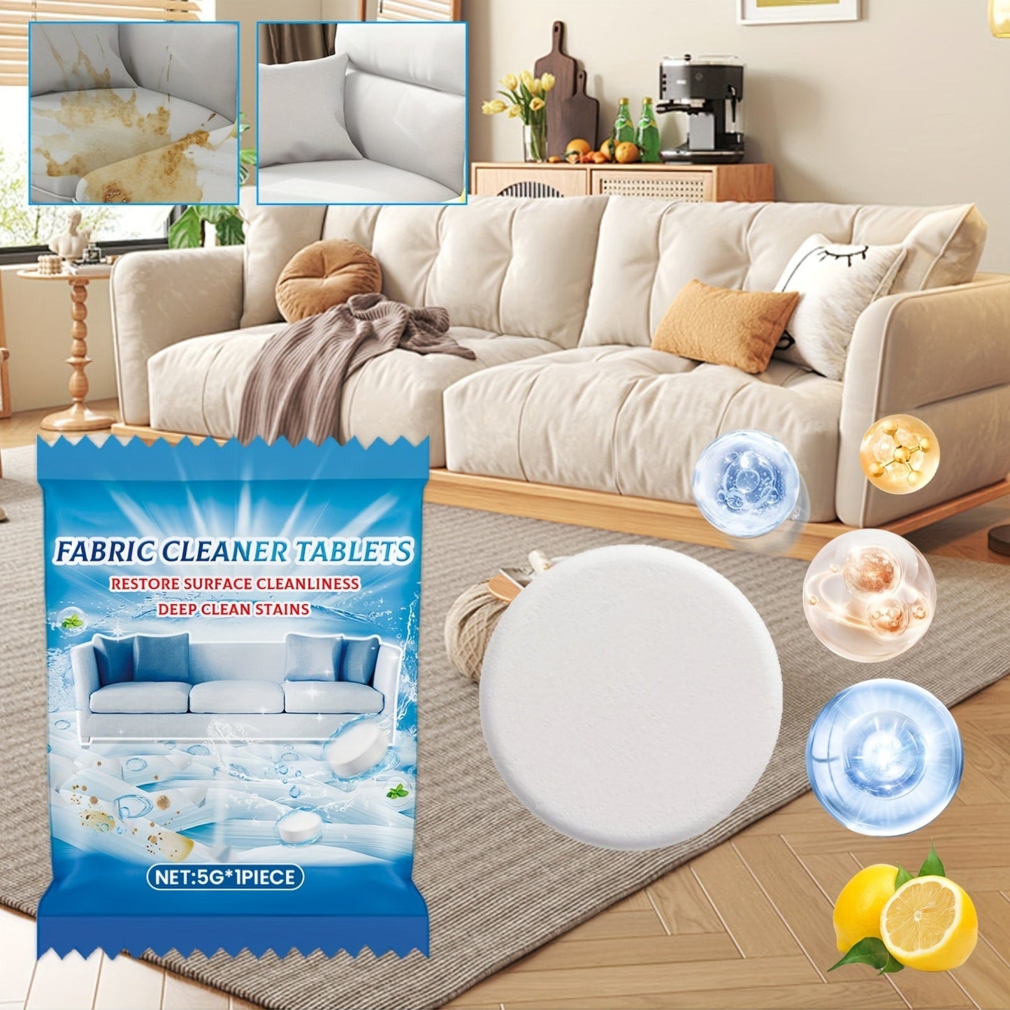 One piece of fabric cleaner tablets designed for sofas, carpets, and mattresses. Features a low odor, all-purpose citric acid formula for deep stain removal. Safe to use on all fabrics. Each tablet is 5g in size.