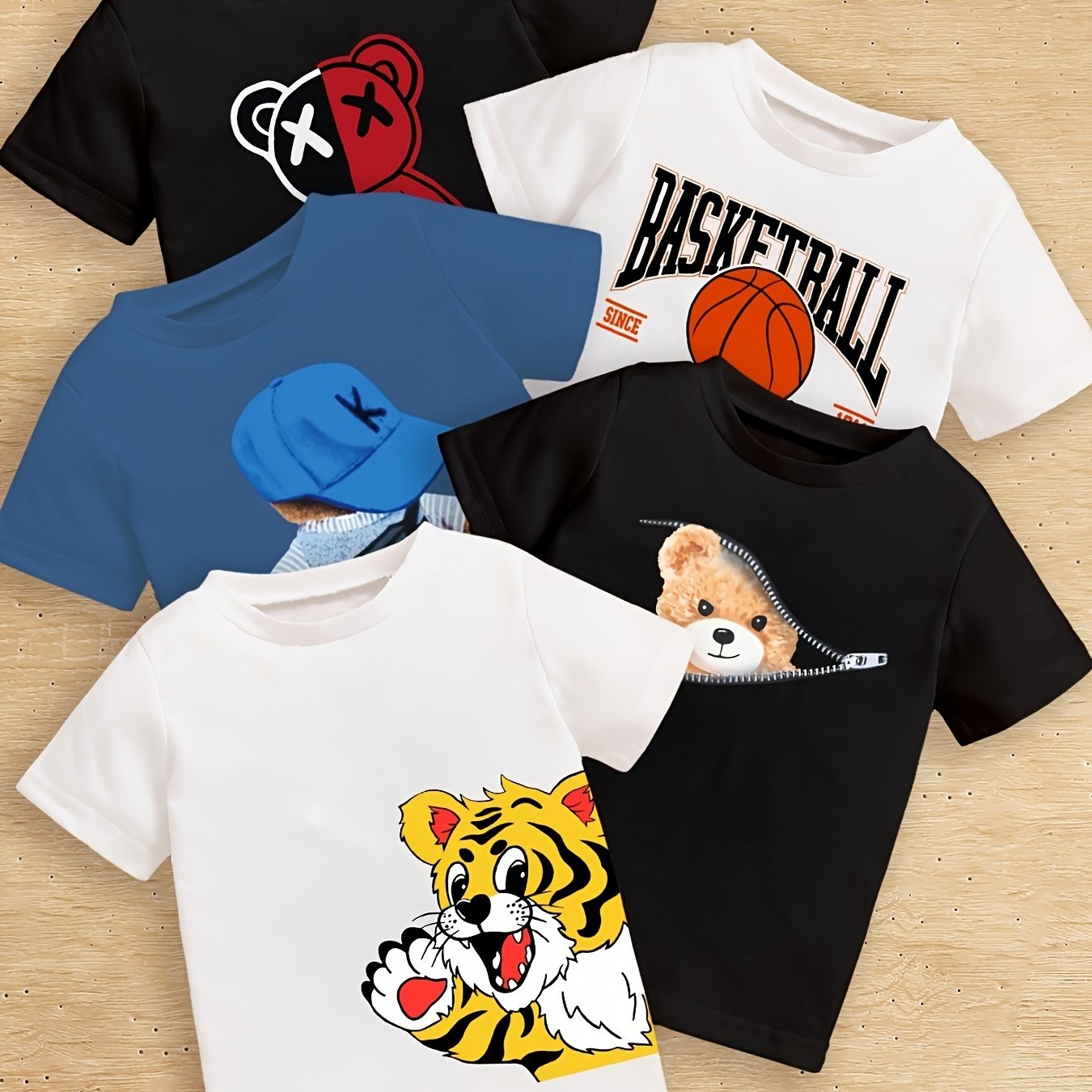 5 boys' graphic T-shirts with Valentine's Day and Basketball themes, featuring cartoon and letter prints. Made of soft polyester blend for summer wear. Perfect for sports enthusiasts.