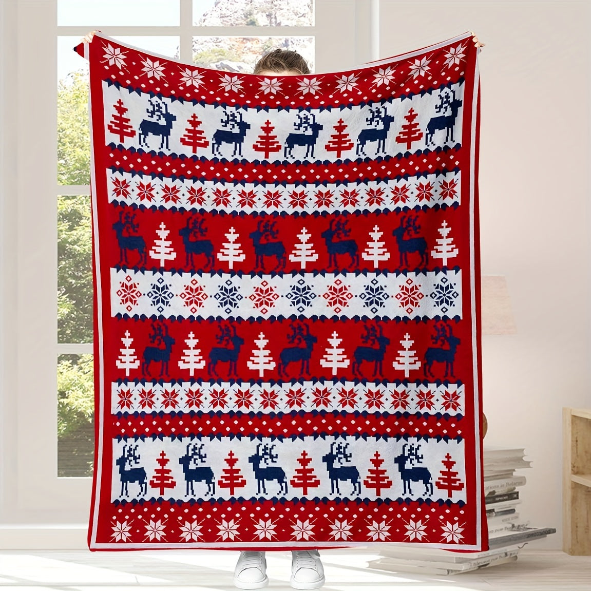 Contemporary Digital Printed Flannel Fleece Throw Blanket featuring Red Reindeer Wildlife Design, Suitable for All Seasons, Reversible, Easy to Machine Wash, Ideal for Sofa and Bed Use, Made with 250-300g Polyester Cover and Polyester Lining