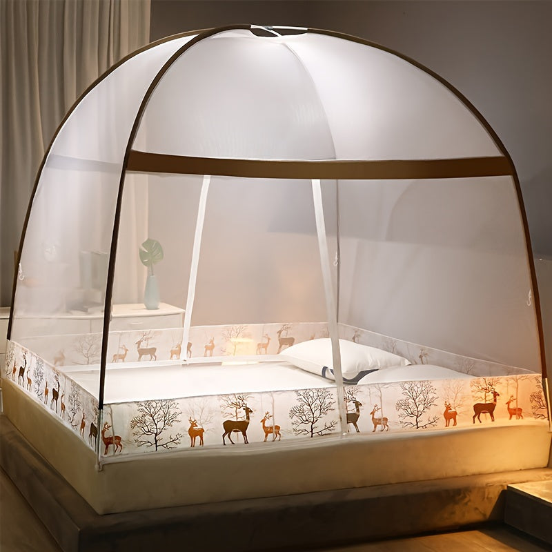 This product is a 1-piece Pop-Up Mongolian Yurt Mosquito Net designed for bedrooms. It can be set up in just 1 second and provides 360° protection. The net offers a large space and features a fun cartoon design. It serves as an anti-mosquito tent bed