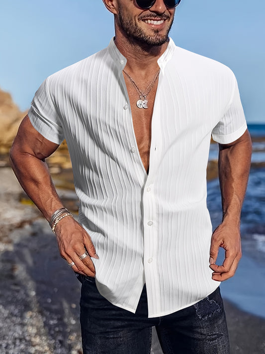 Men's summer casual short sleeve shirt with solid color stripes, made of breathable polyester. Features a stand collar, pocket detail, and a regular fit for weekend leisure and beach