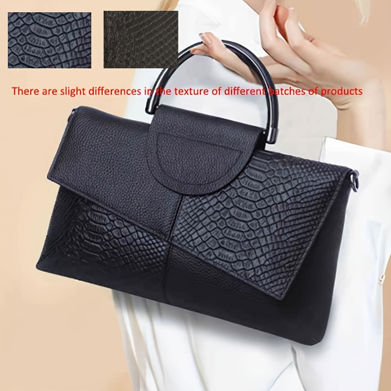 Luxurious black crocodile pattern handbag with zipper closure and polyester lining, ideal for everyday use. Features elegant top handle and sophisticated design.