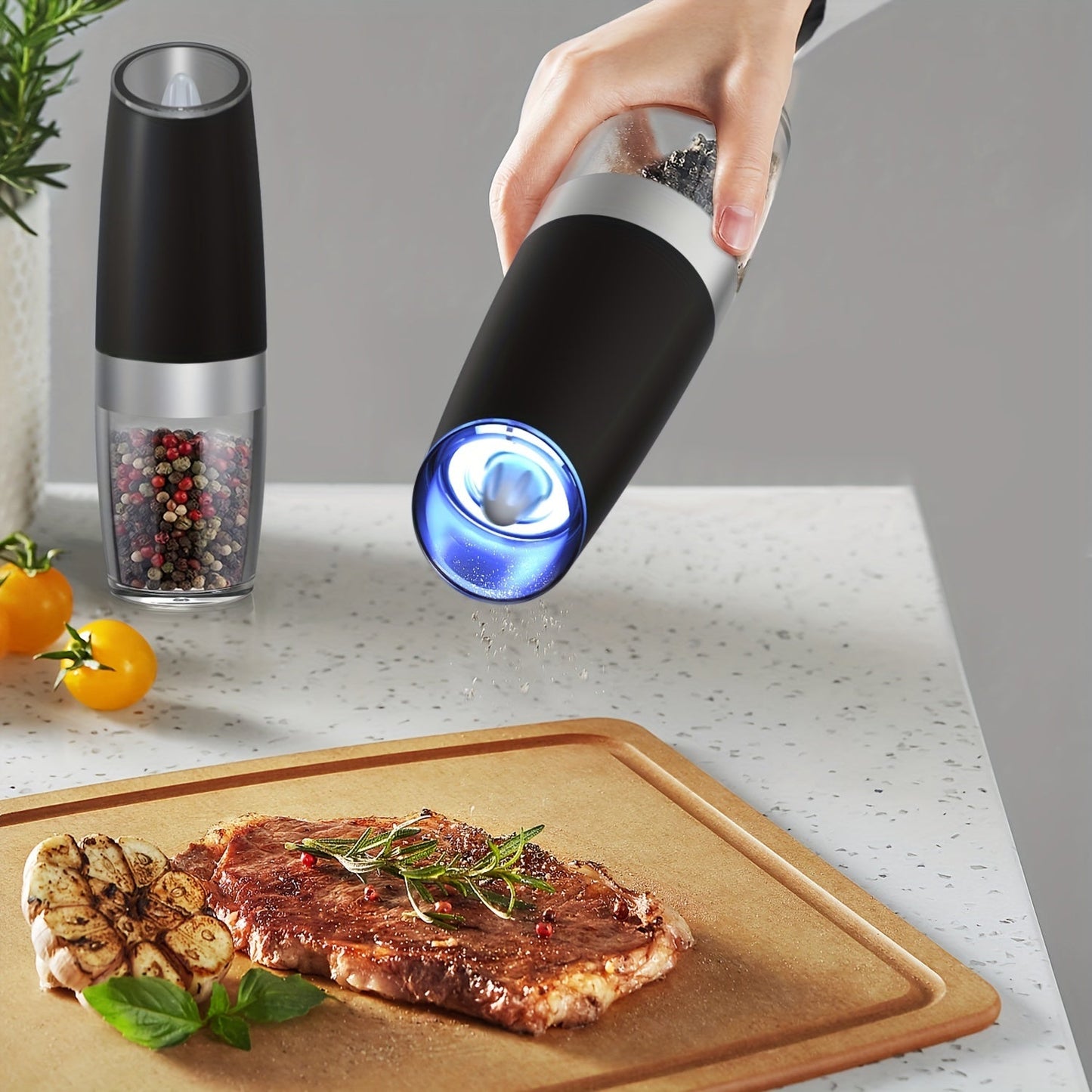 Electric Salt and Pepper Grinder Set with Adjustable Coarseness, Battery Operated, LED Light, One-hand Operation, Stainless Steel - Available in Multiple Colors.