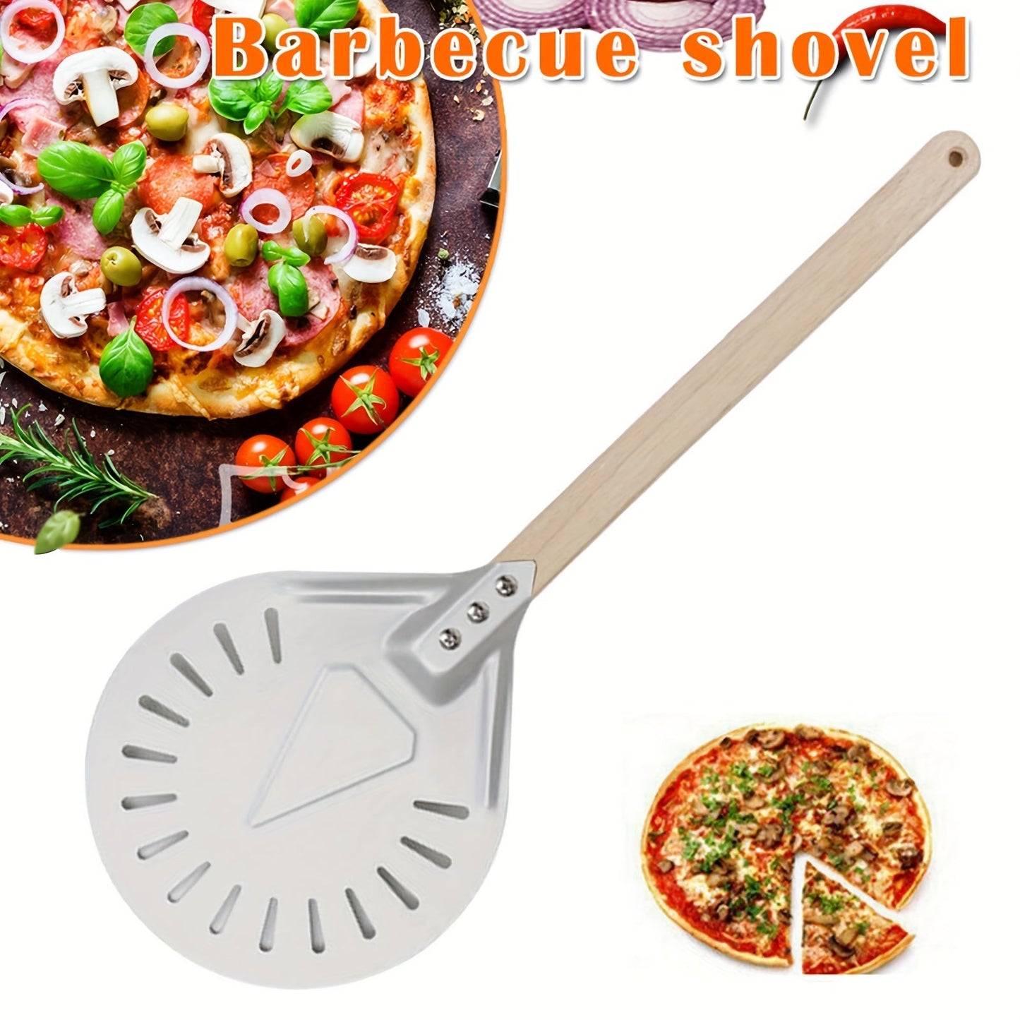 Pizza shovels with wooden handles measuring 8 and 22.86 cm, made of stainless steel