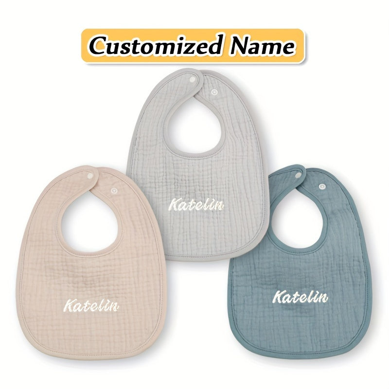 Bundle of 3 Custom Baby Bibs in Yellow, Gray, and Pink - Made with Soft Cotton and Adjustable Snap Buttons. Includes Personalized Name Service, Ideal for Newborns and Toddlers. Great for Holiday Gifting!