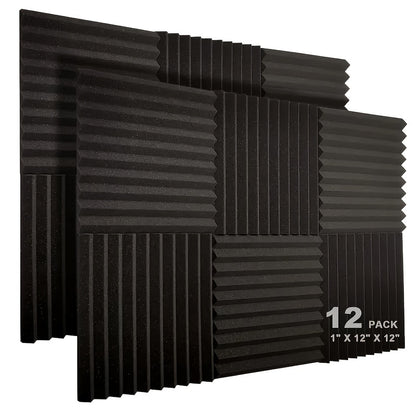 Box of 12 black acoustic foam panels measuring 2.54cm x 30.48cm x 30.48cm for sound absorption in studios and home offices. Fire-resistant and reduces reverb and echoes. Improves acoustic