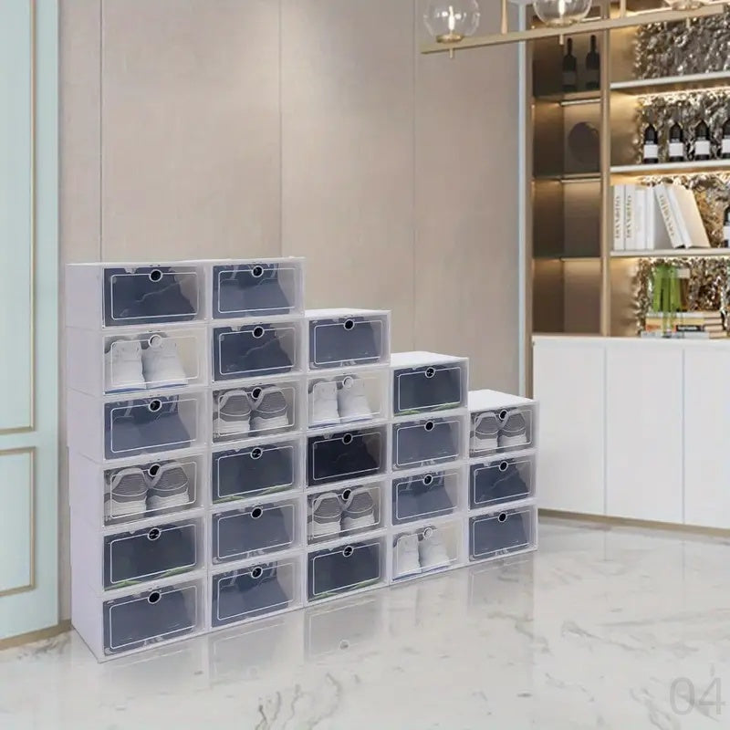 Set of 6 Clear Plastic Shoe Storage Boxes with Modern Style, Portable & Dust-resistant, Simple to Assemble, Ideal for Floor or Wall Display in Closet or Modular System, Organize and Protect Your Shoes