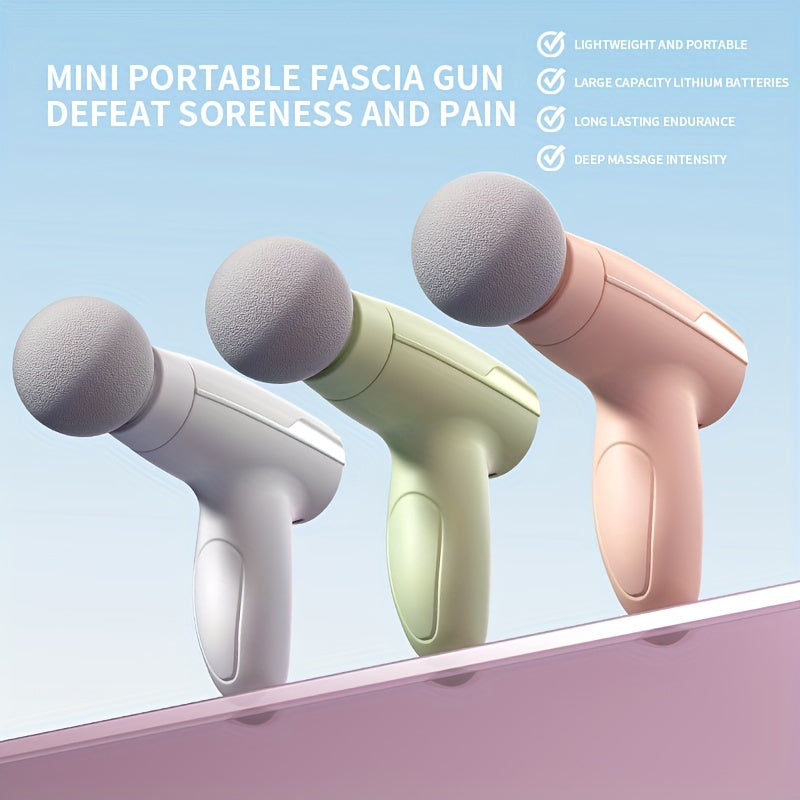 Compact Mini Fascia Gun with portable, quiet operation, long-lasting battery, and muscle soreness relief. Perfect for exercise and office use, available in White, Green, Pink.