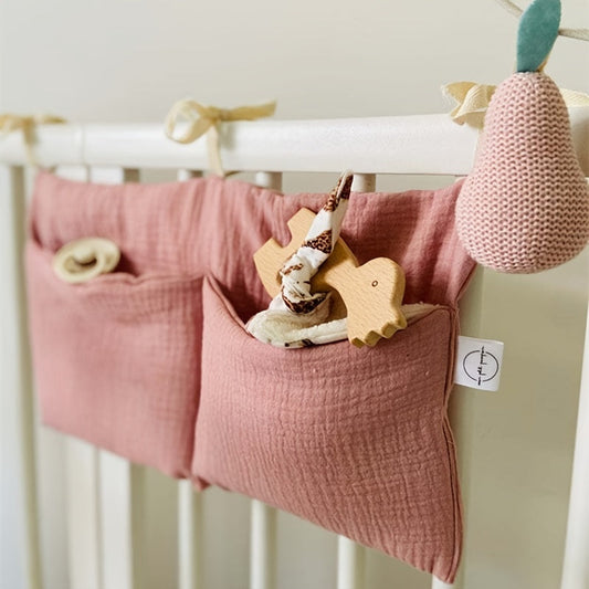 Baby bedside storage bag made of pure cotton with double layers and two pockets, also suitable for hanging on strollers. Includes a printed baby bottle holder, perfect as a gift for Halloween or Christmas.