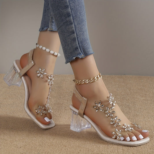 Chic Summer 2023 Women's Floral Block Heel Sandals with Pearl Accents