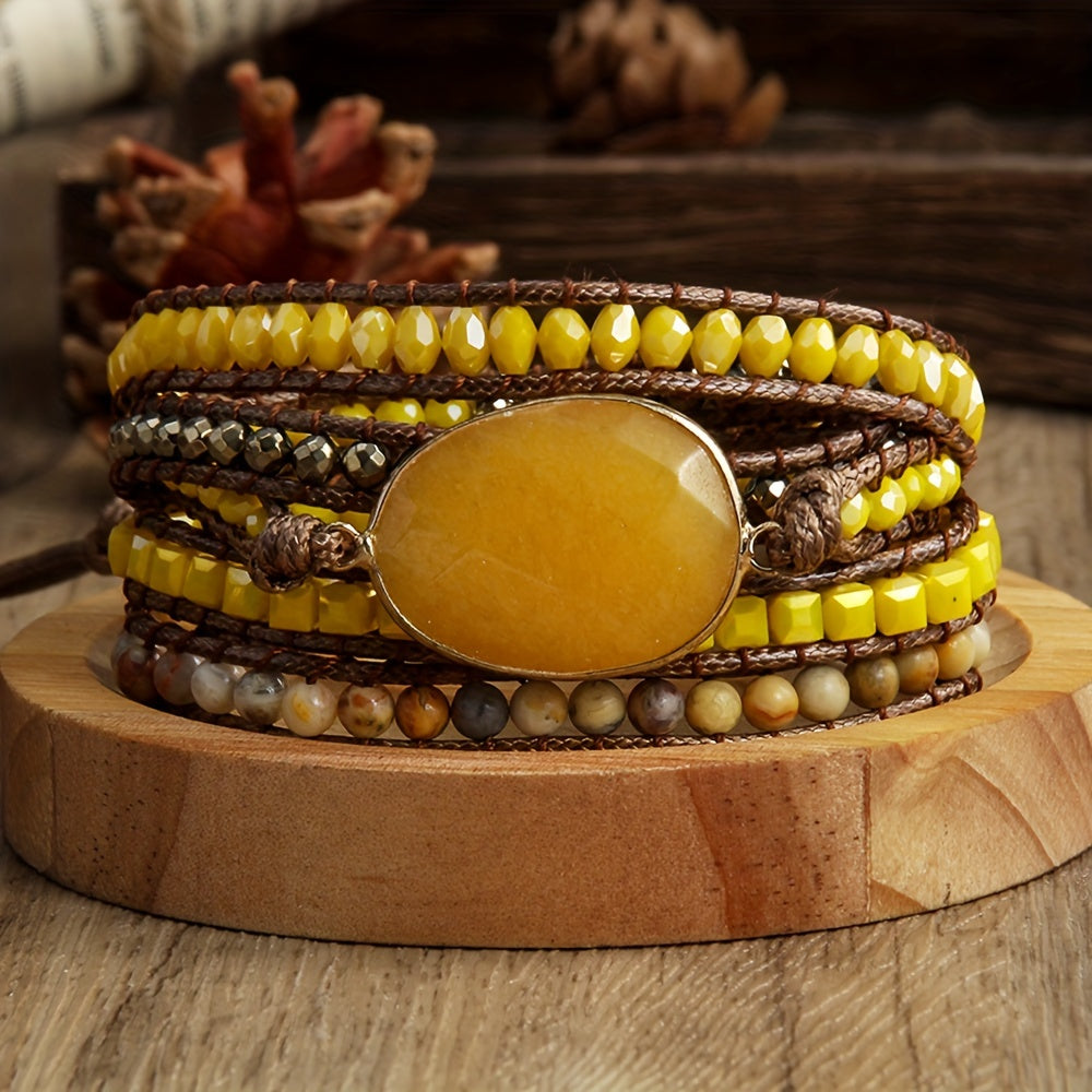 Multi-layered hand rope jewelry accessory made from colorful natural stones, designed as a wrap bracelet.