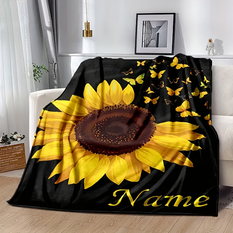 Personalize your space with a custom Sunflower and Butterfly print flannel blanket. This soft and warm blanket features a high-quality digital print that is tear-resistant and machine washable. It is also allergy-proof and suitable for all seasons. Use