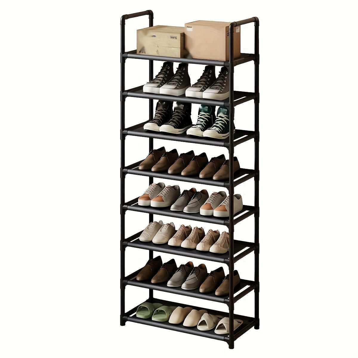 Free-standing shoe rack with multiple layers for easy storage of shoes in bedroom, hallway, bathroom, office, or any room in the house. Ideal for organizing and storing shoes and other household items.